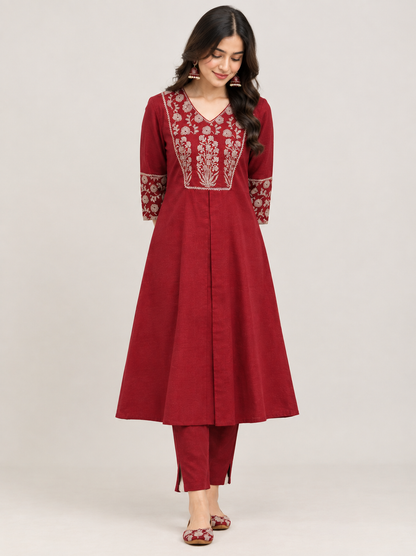 Maroon Linen Handcrafted Patchwork Co-ord Set