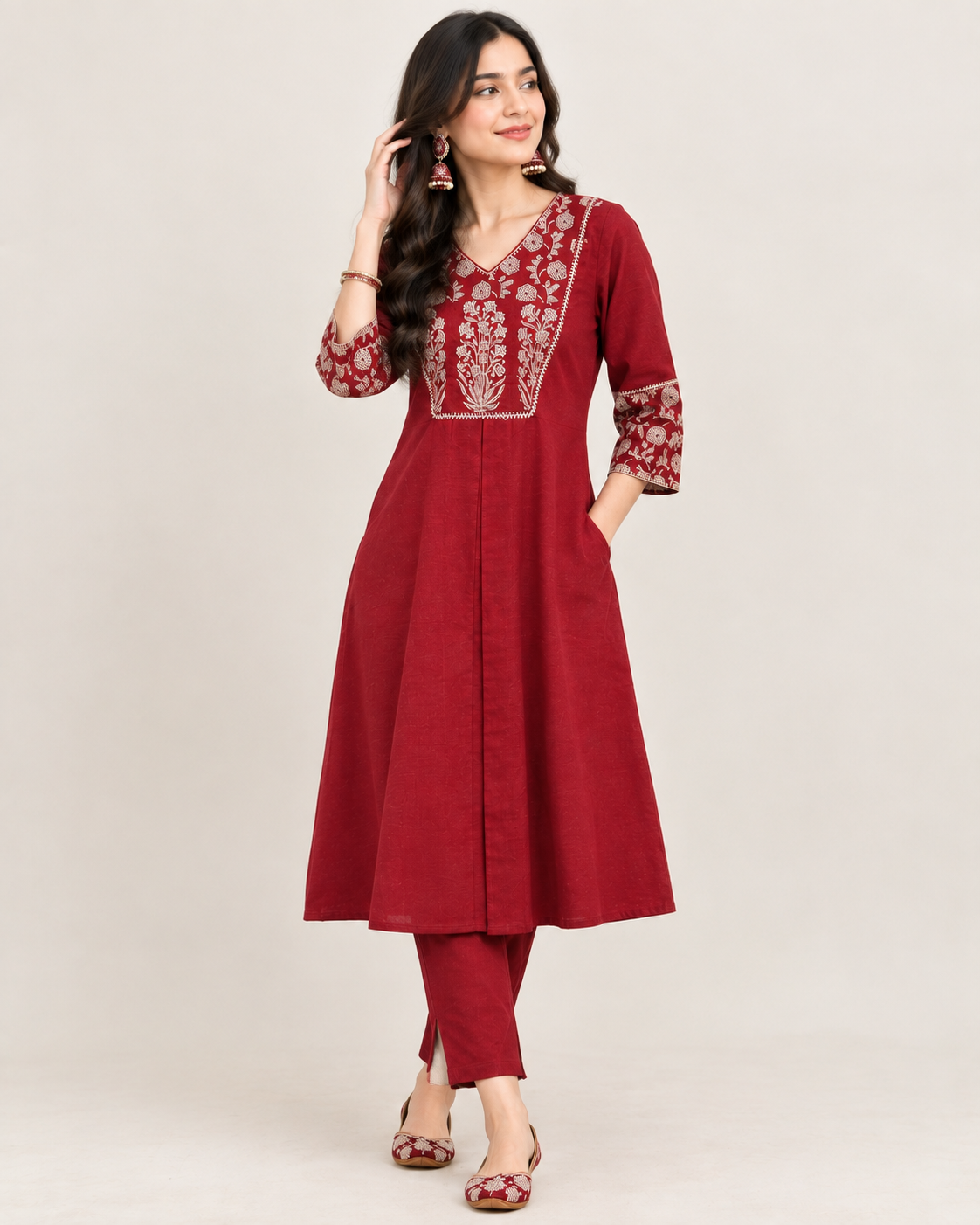Maroon Linen Handcrafted Patchwork Co-ord Set