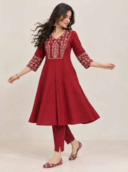 Maroon Linen Handcrafted Patchwork Co-ord Set