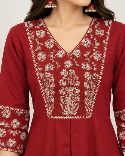 Maroon Linen Handcrafted Patchwork Co-ord Set