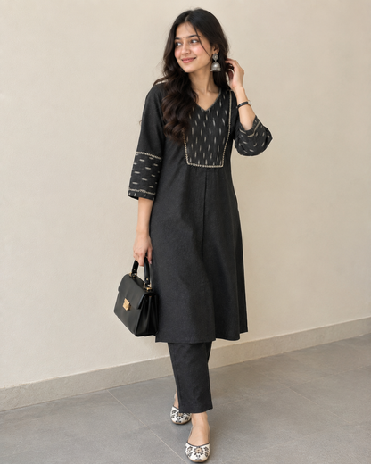 Black Linen Hand-Detail Co-ord Set