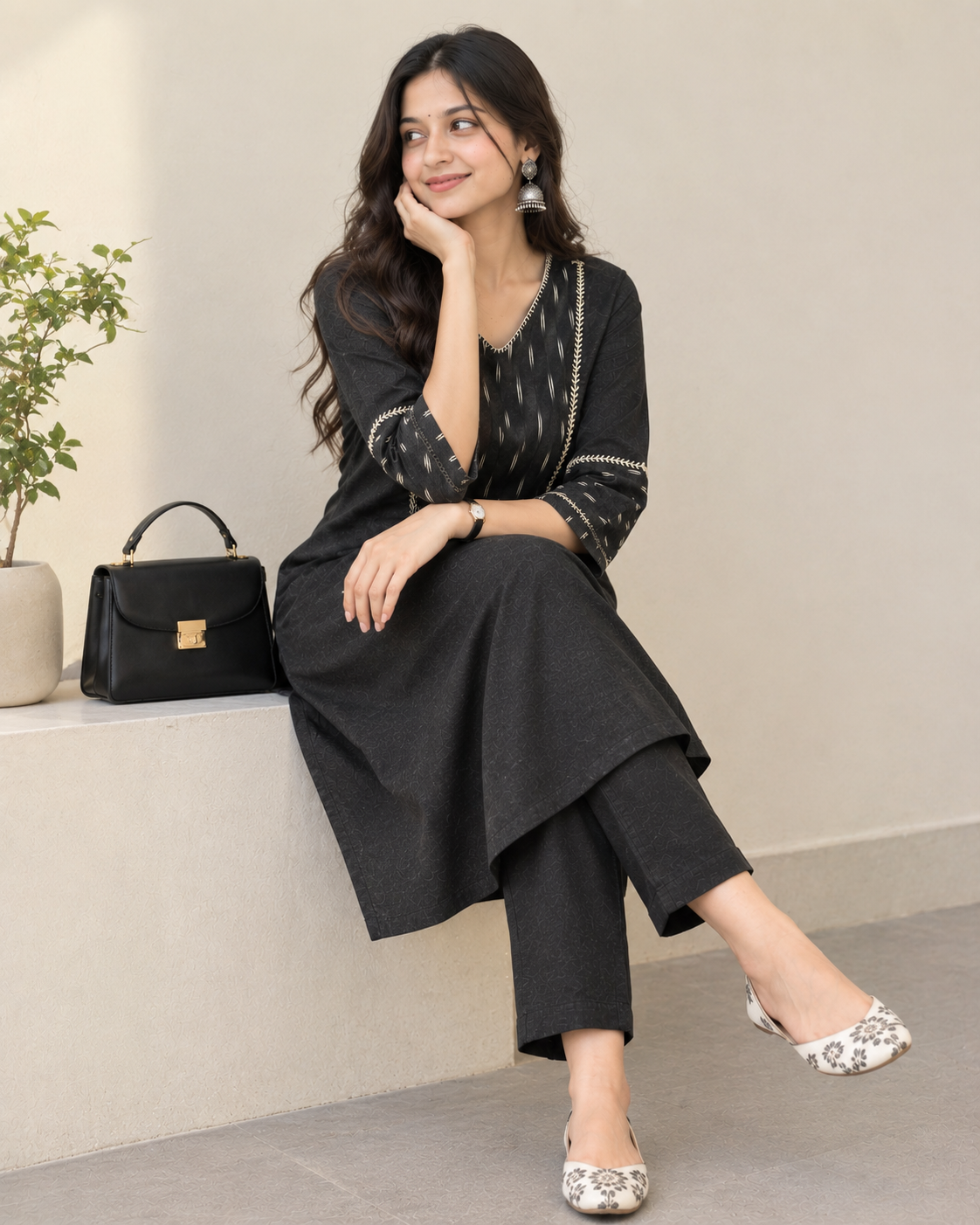 Black Linen Hand-Detail Co-ord Set