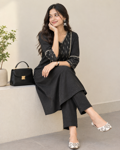 Black Linen Hand-Detail Co-ord Set