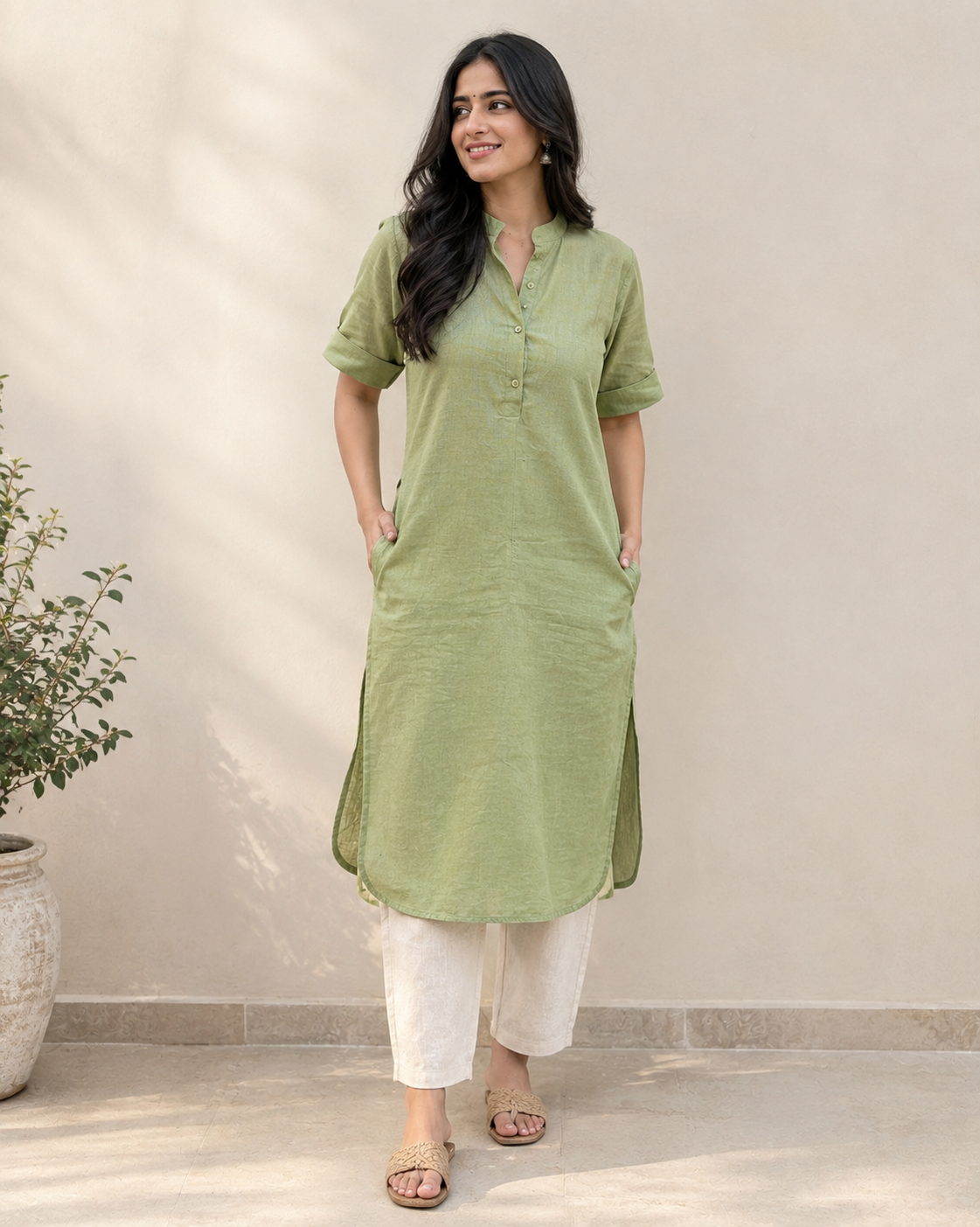 Khadi Green Kurta & Ivory Cotton-Linen Pant Set