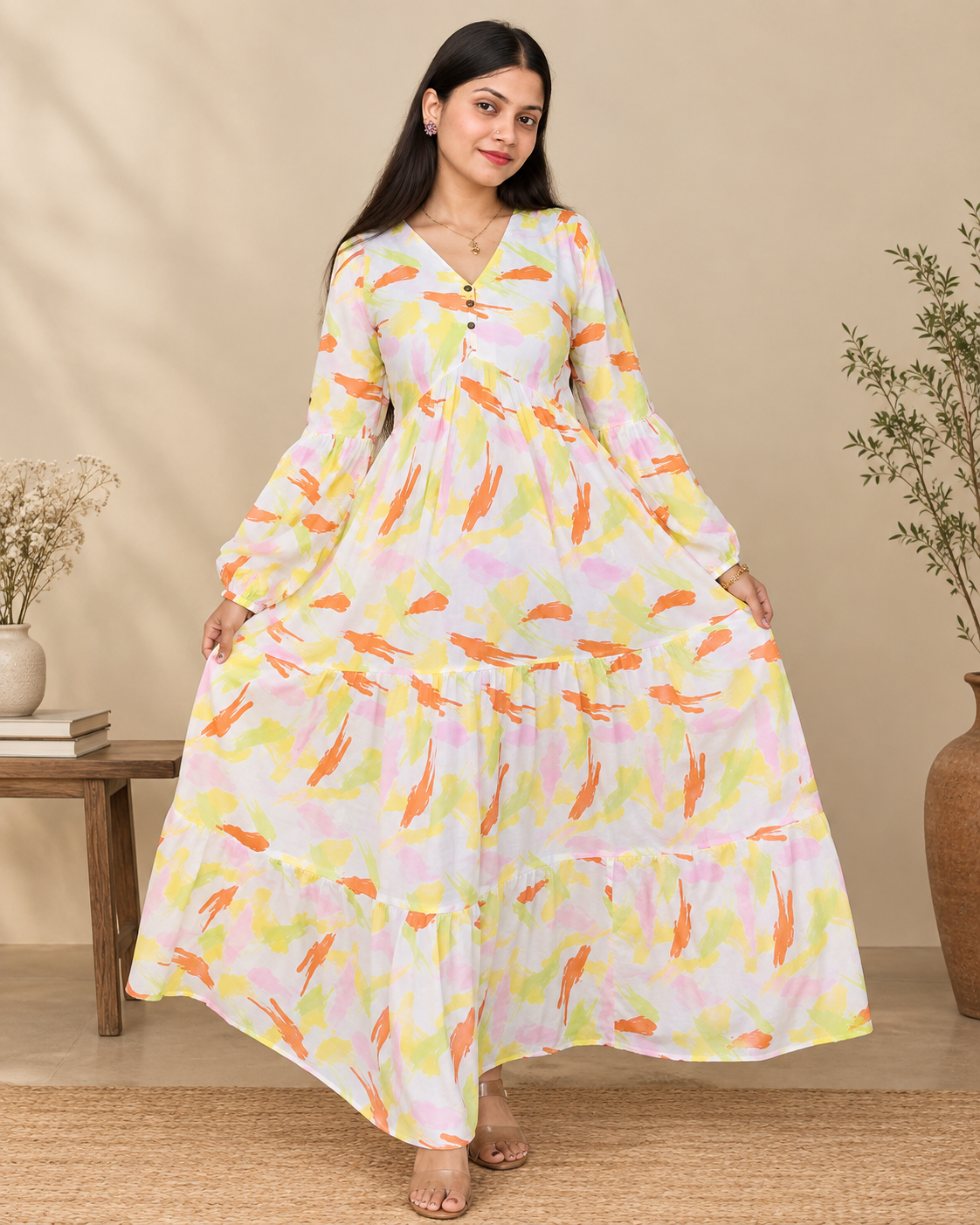 Hand-Printed Cotton Tiered Maxi Dress