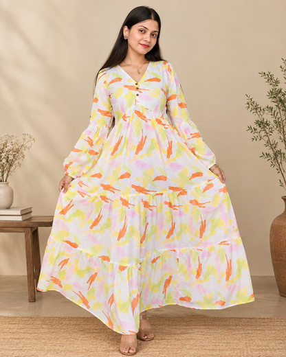 Hand-Printed Cotton Tiered Maxi Dress