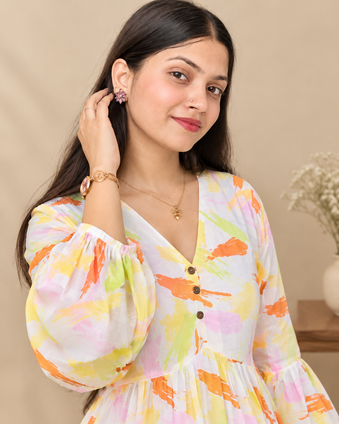 Hand-Printed Cotton Tiered Maxi Dress