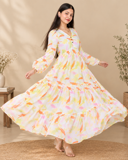 Hand-Printed Cotton Tiered Maxi Dress