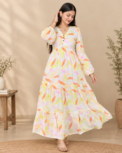 Hand-Printed Cotton Tiered Maxi Dress