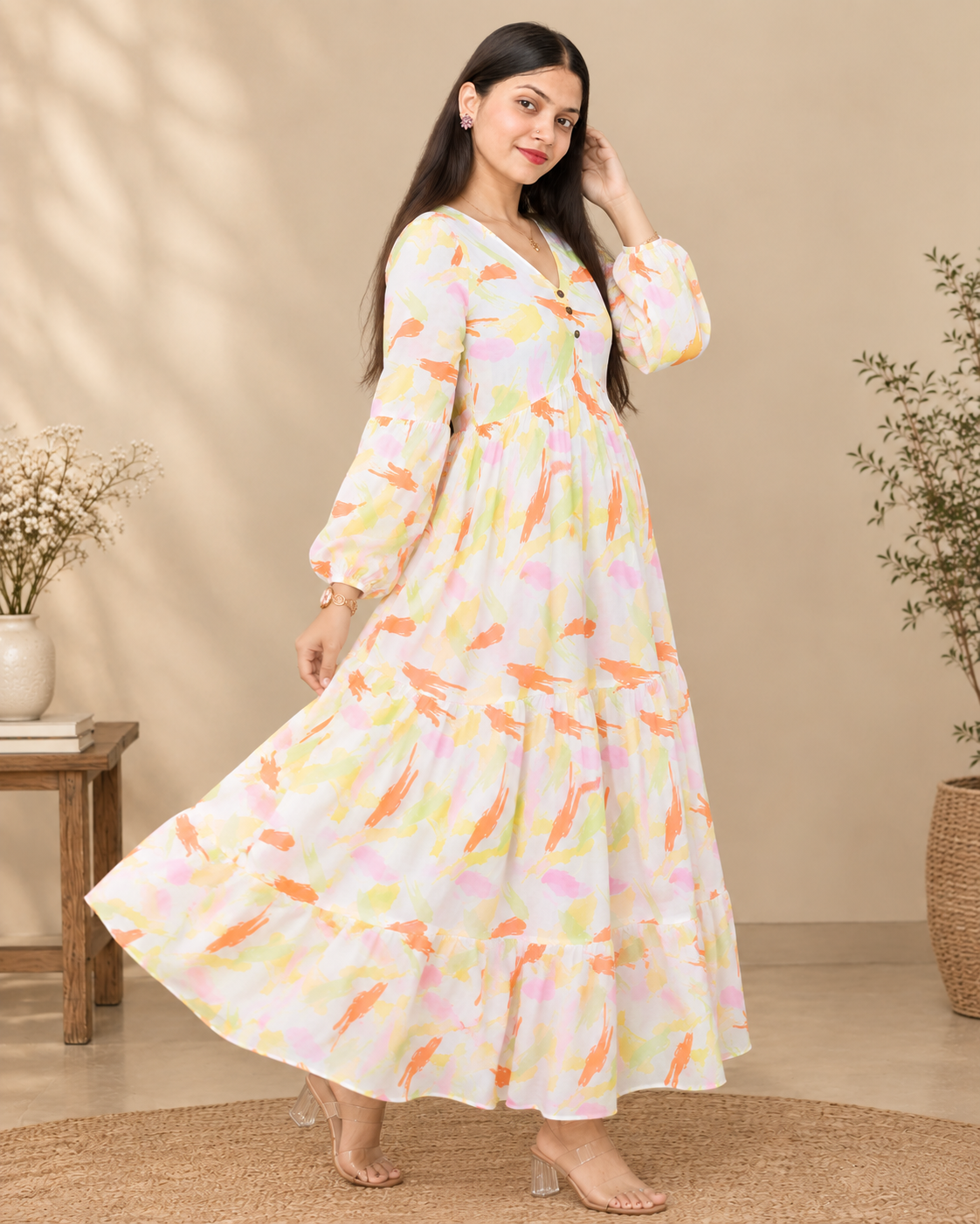 Hand-Printed Cotton Tiered Maxi Dress