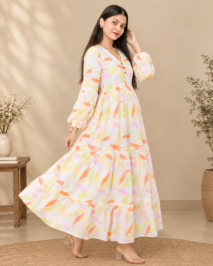 Hand-Printed Cotton Tiered Maxi Dress