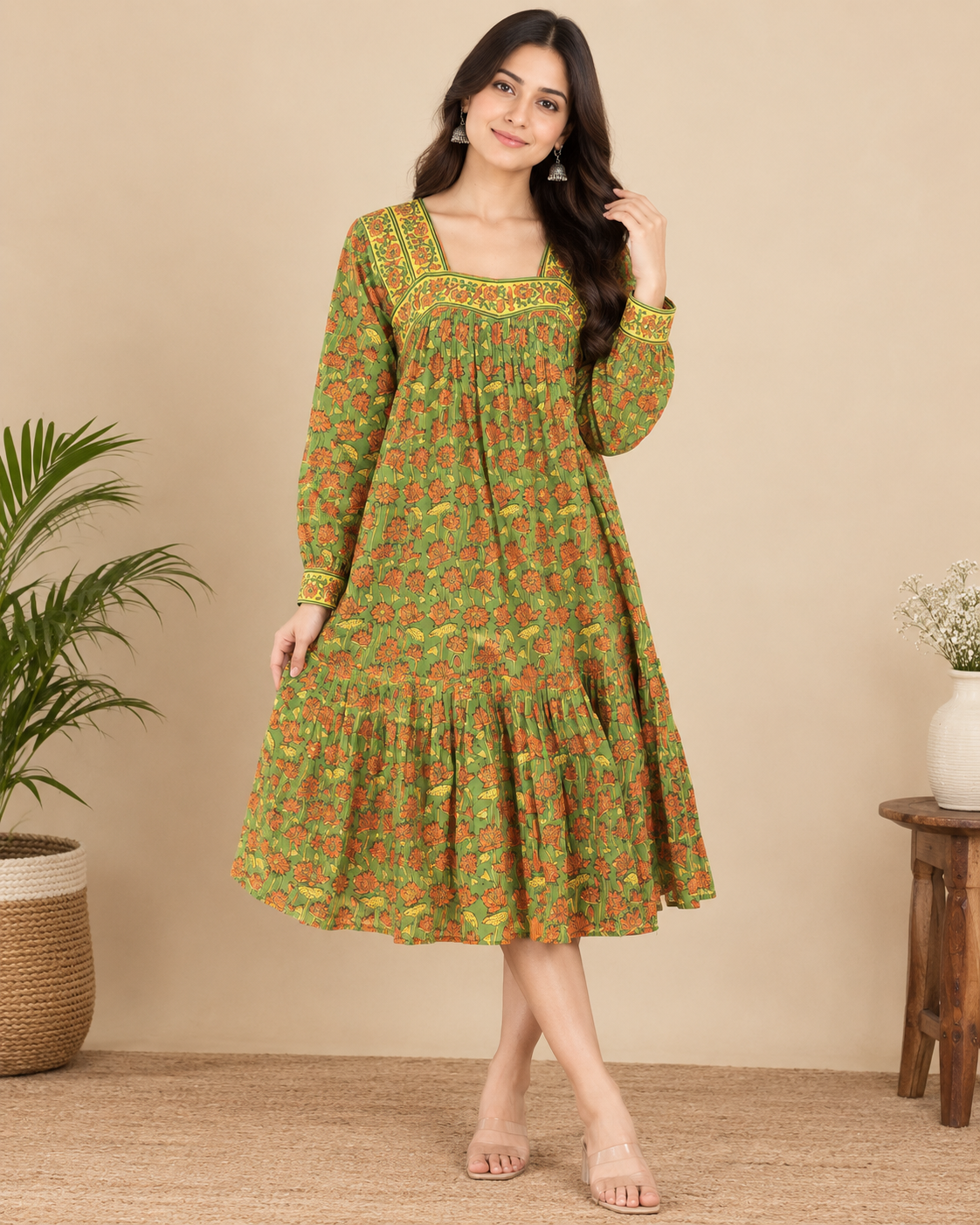 Green Lotus Hand-Block Printed Cotton Dress