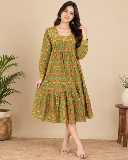 Green Lotus Hand-Block Printed Cotton Dress