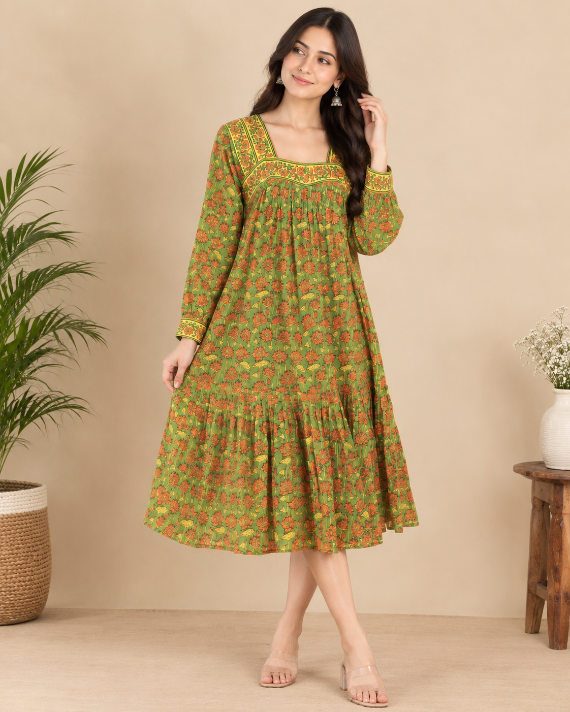 Green Lotus Hand-Block Printed Cotton Dress