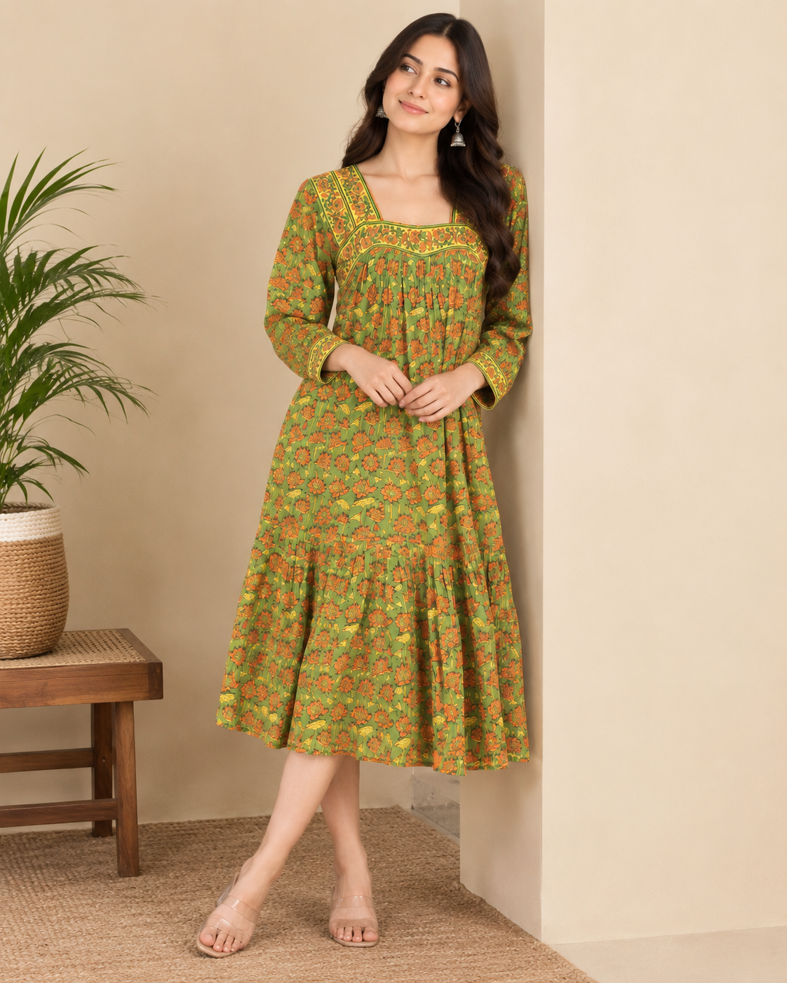 Green Lotus Hand-Block Printed Cotton Dress