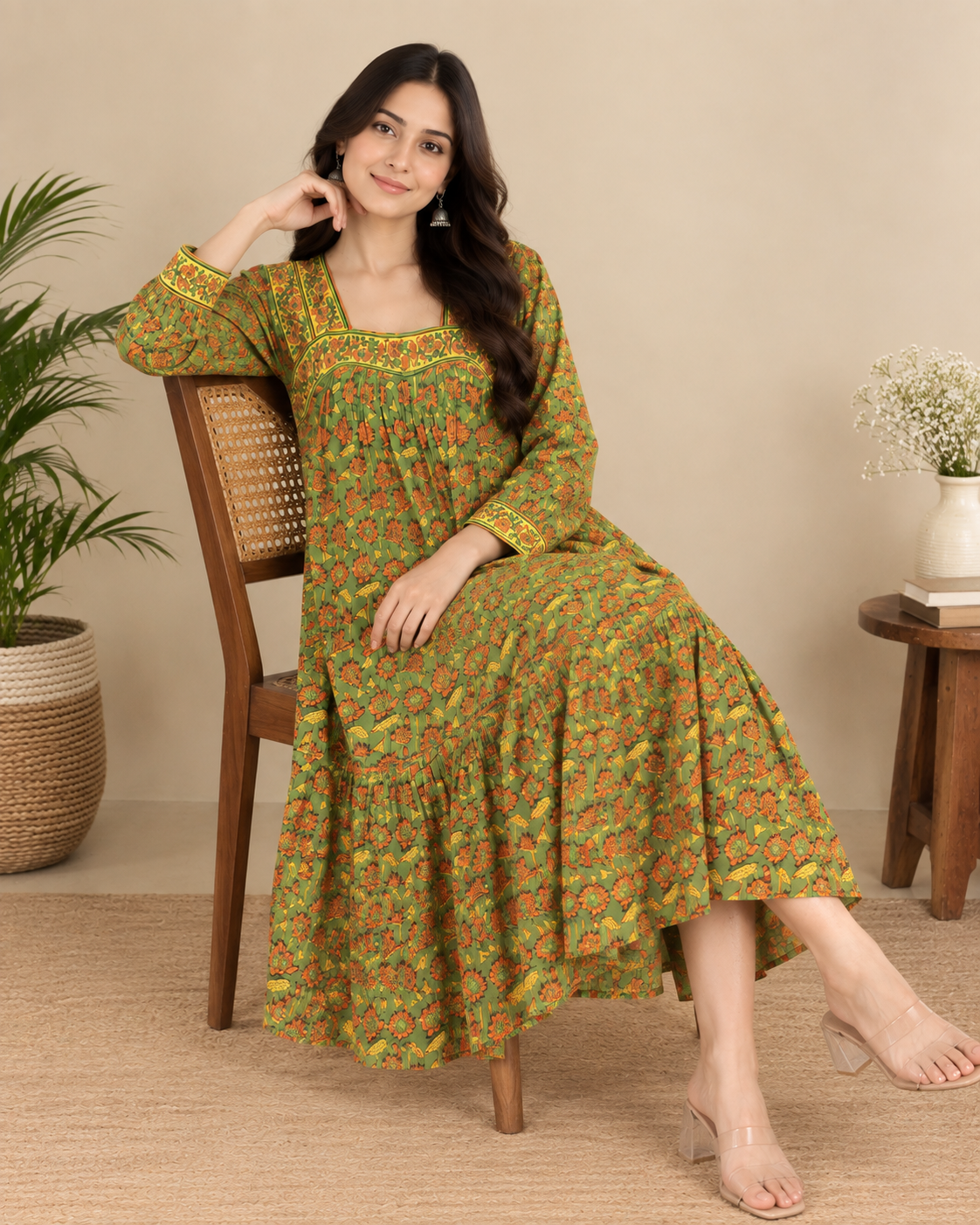 Green Lotus Hand-Block Printed Cotton Dress