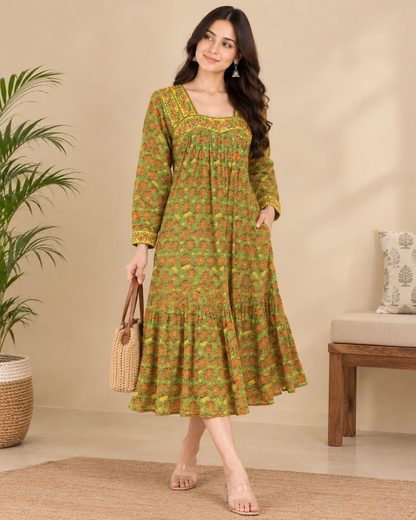 Green Lotus Hand-Block Printed Cotton Dress