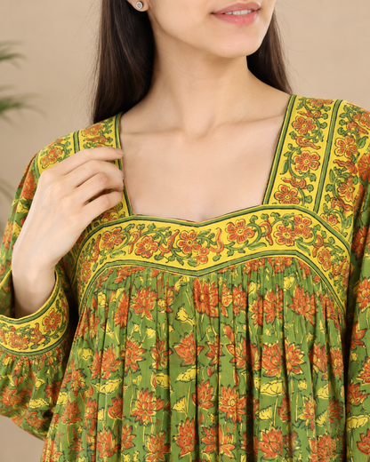 Green Lotus Hand-Block Printed Cotton Dress