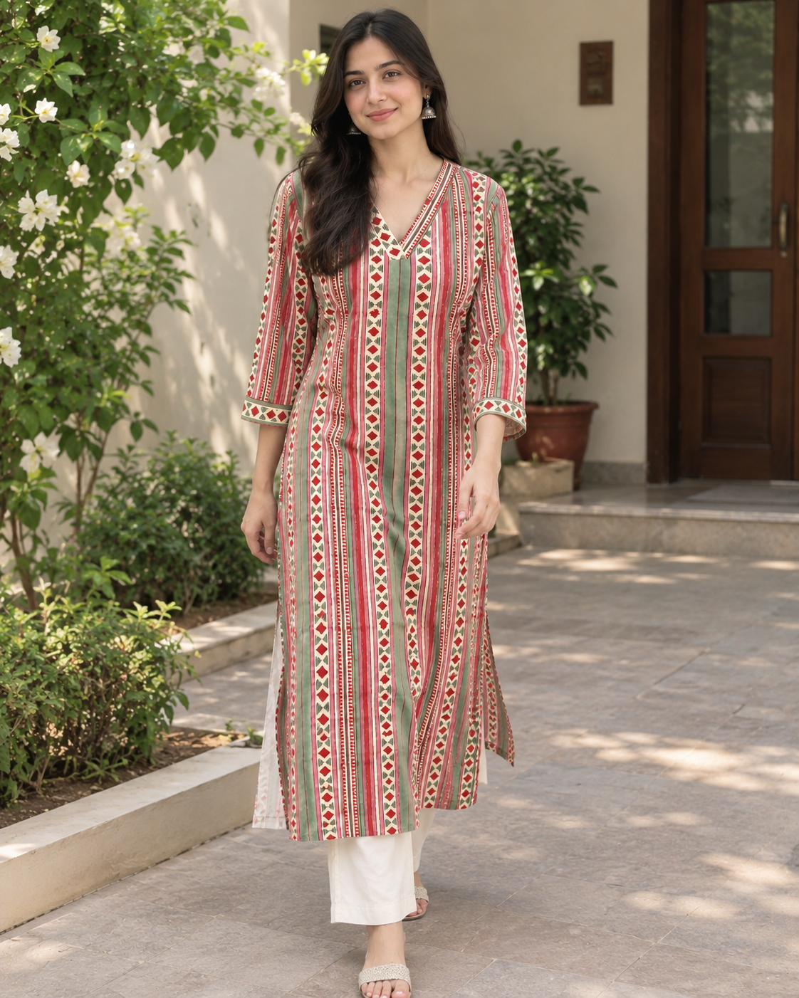 Handblocked Ajrakh Print Cotton Kurta with V-Neck