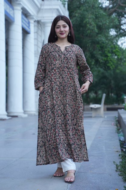 Black Floral Handprinted Kalamkari Kurta