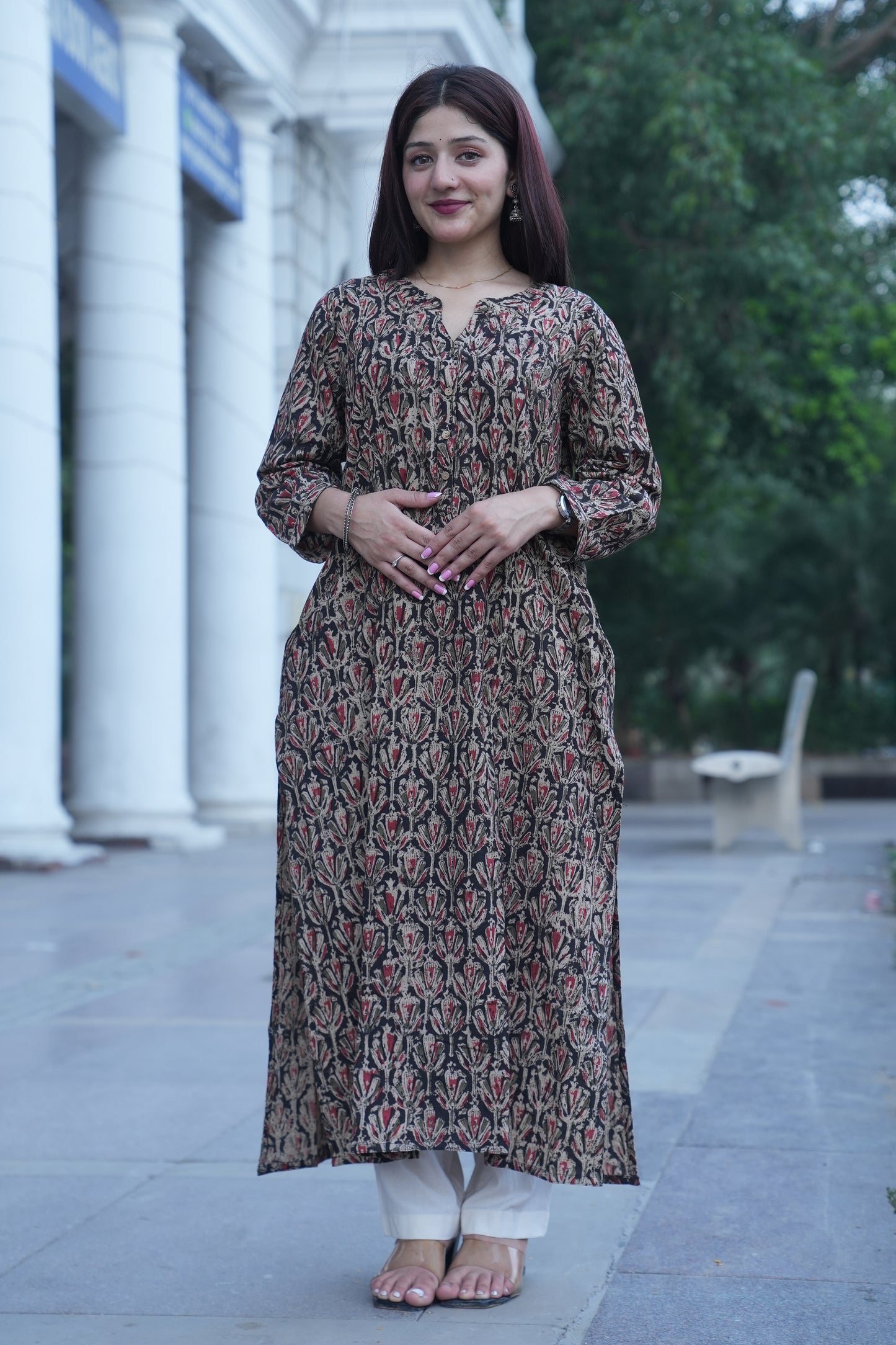 Black Floral Handprinted Kalamkari Kurta