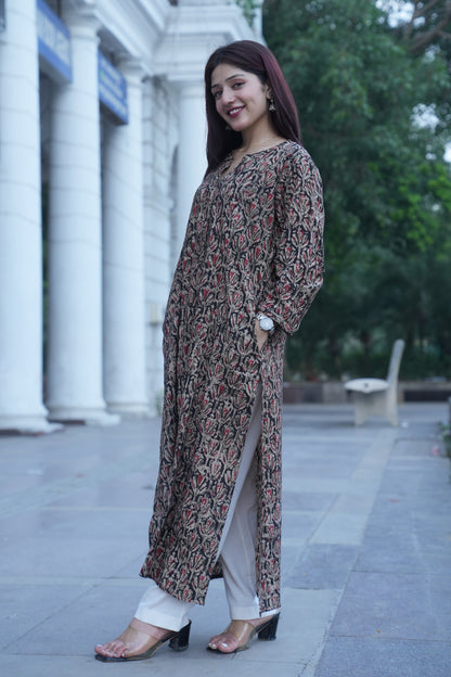 Black Floral Handprinted Kalamkari Kurta