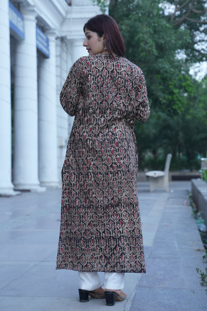 Black Floral Handprinted Kalamkari Kurta