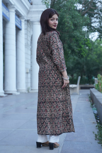 Black Floral Handprinted Kalamkari Kurta