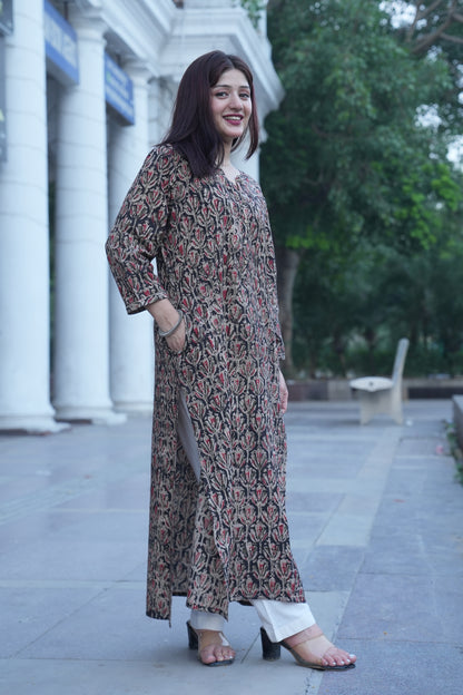 Black Floral Handprinted Kalamkari Kurta
