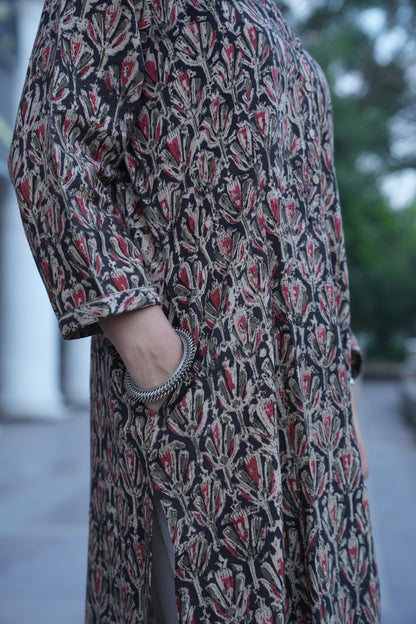 Black Floral Handprinted Kalamkari Kurta
