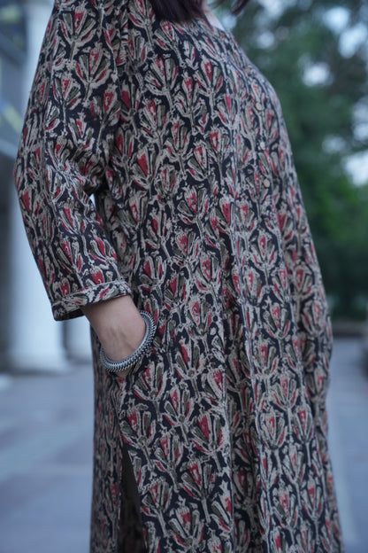 Black Floral Handprinted Kalamkari Kurta
