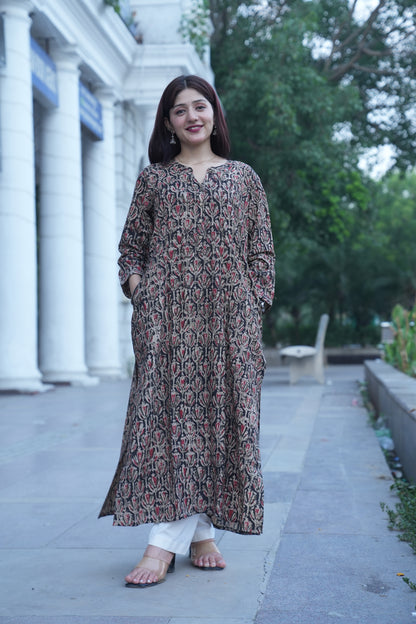 Black Floral Handprinted Kalamkari Kurta