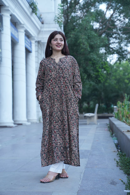 Black Floral Handprinted Kalamkari Kurta