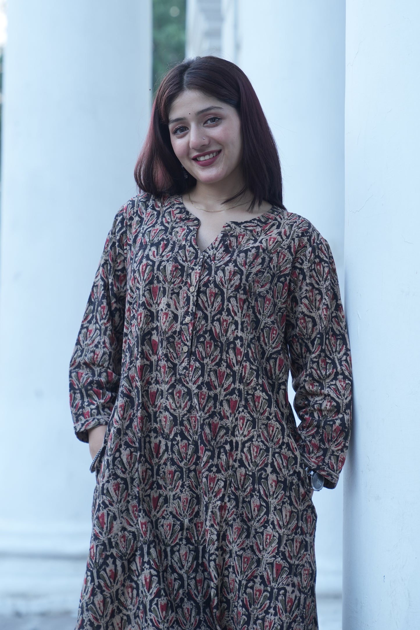 Black Floral Handprinted Kalamkari Kurta