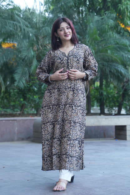 Beige Paisley Handprinted Kalamkari Kurta