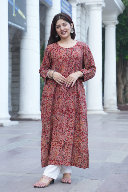 Brick Red Handprinted Kalamkari Cotton Kurta