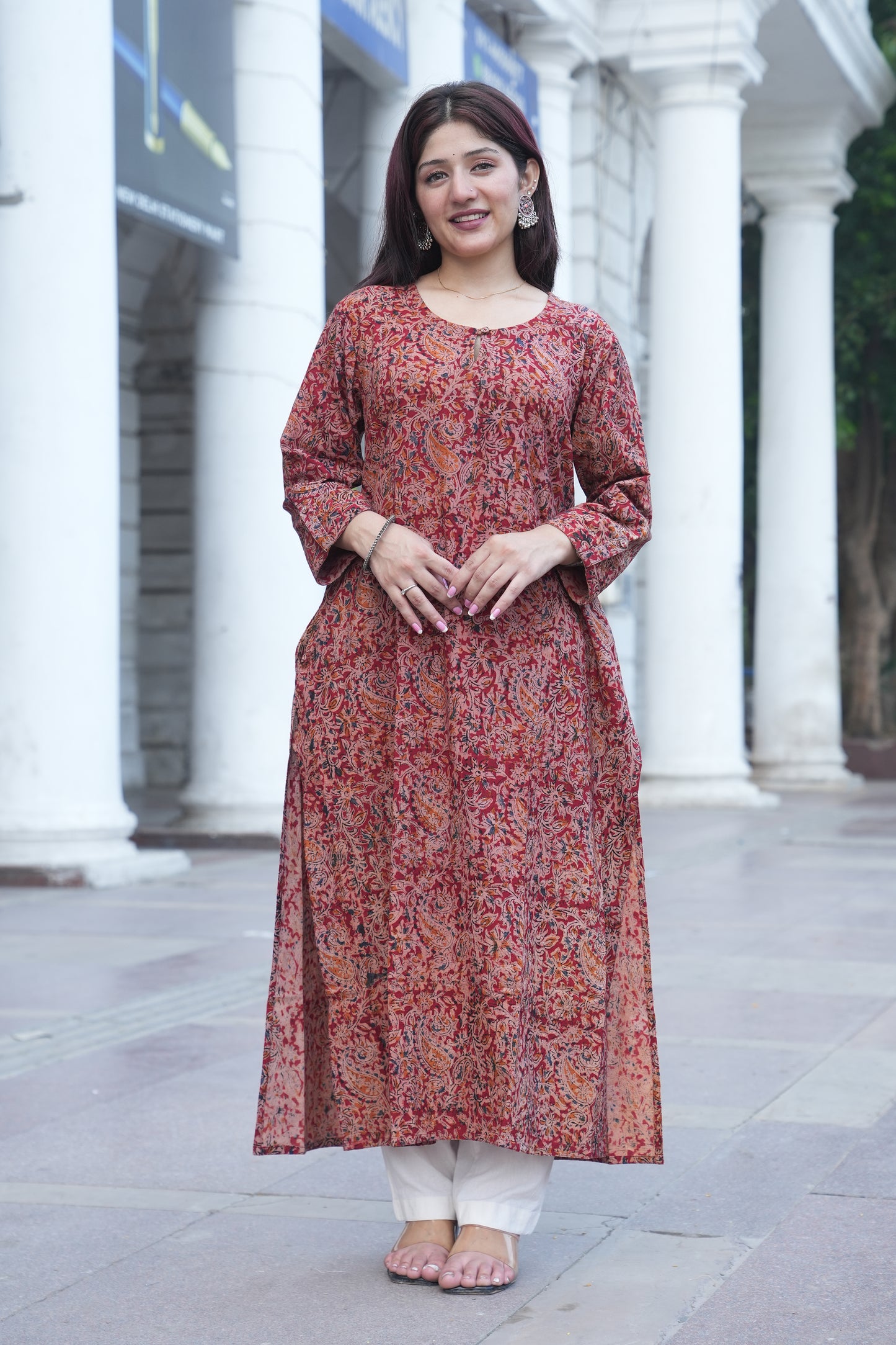 Brick Red Handprinted Kalamkari Cotton Kurta