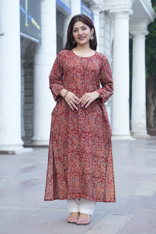 Brick Red Kalamkari Kurta & Pant Set