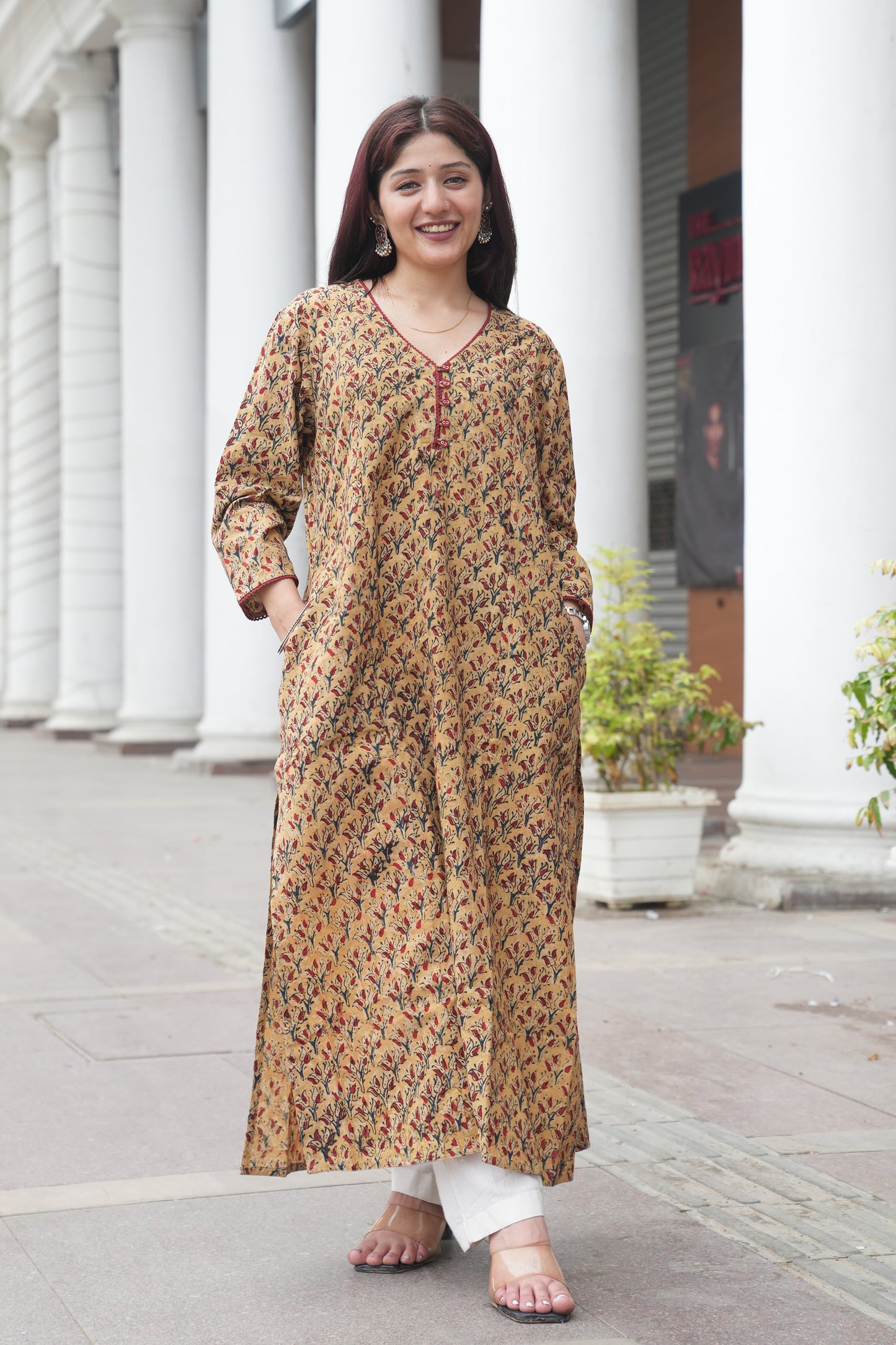 Mustard Floral Handprinted Kalamkari Kurta