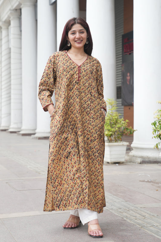 Mustard Floral Handprinted Kalamkari Kurta