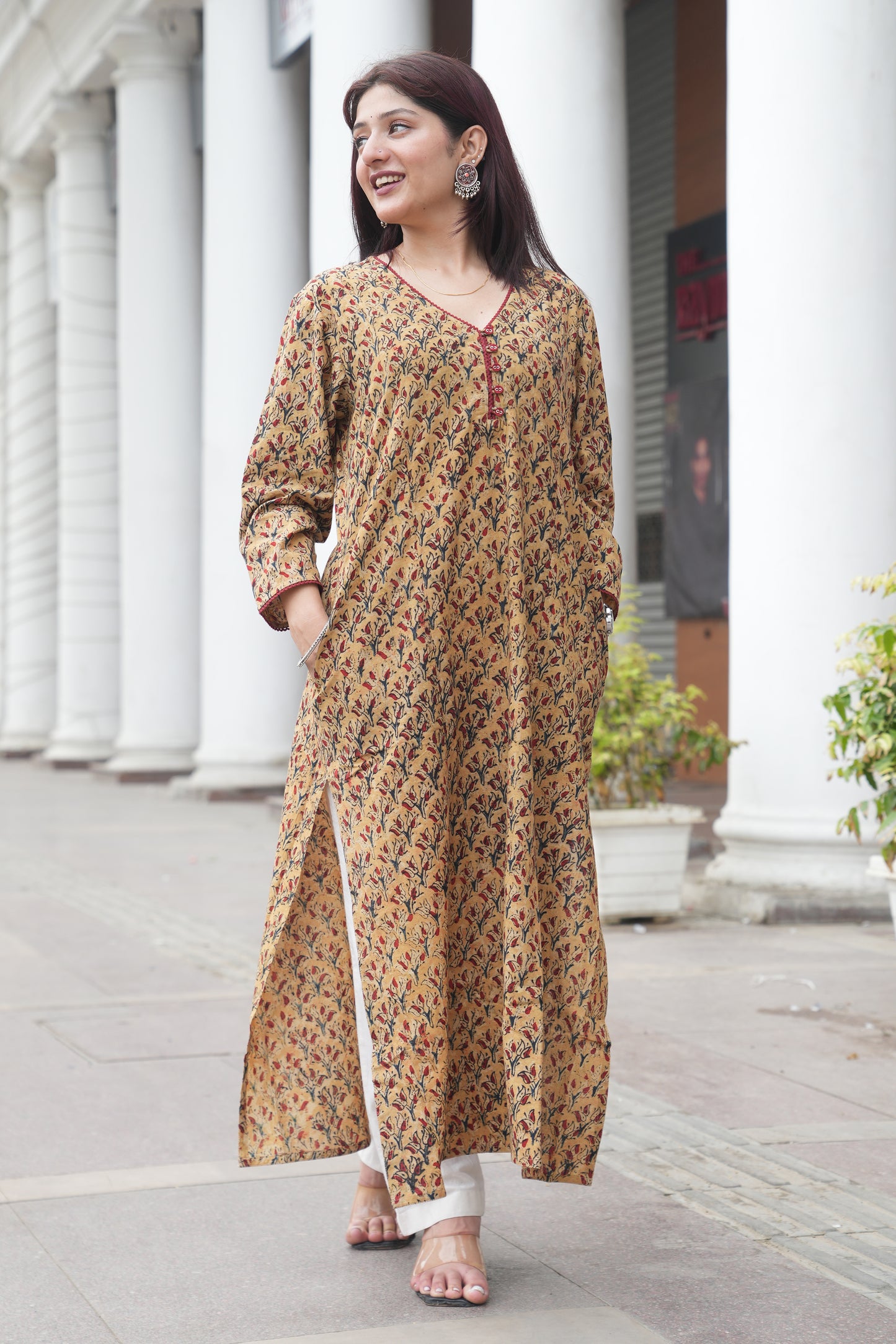 Mustard Floral Handprinted Kalamkari Kurta