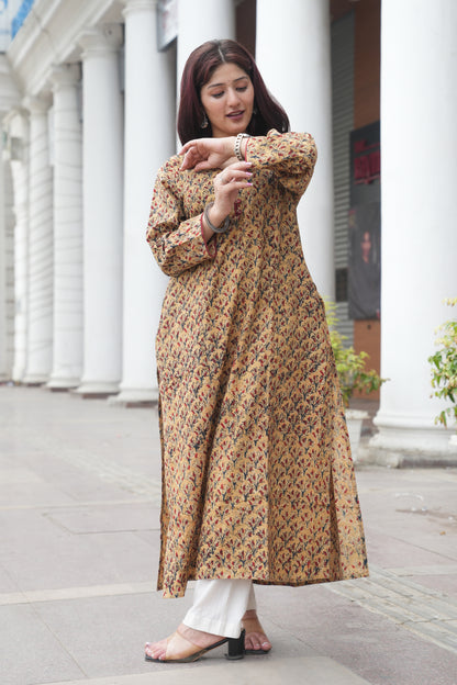 Mustard Floral Handprinted Kalamkari Kurta