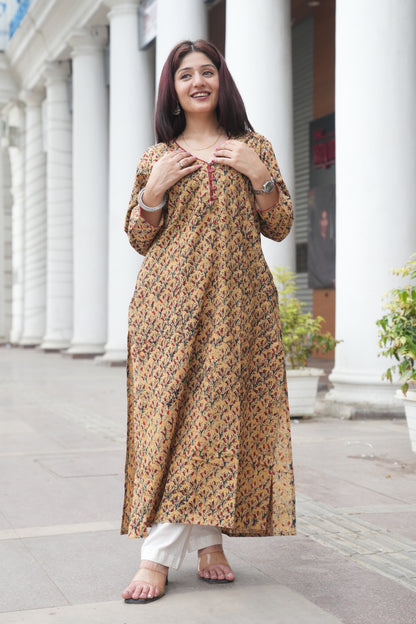 Mustard Floral Handprinted Kalamkari Kurta