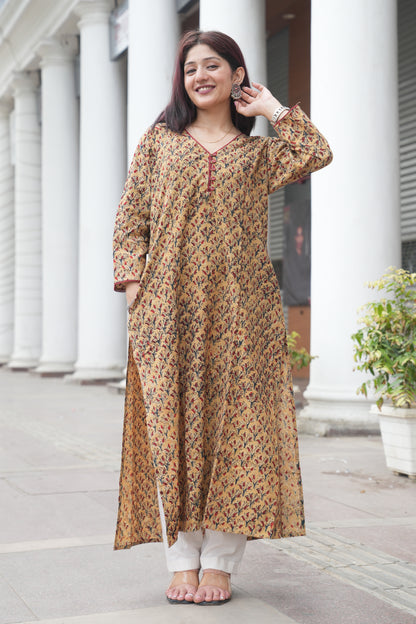 Mustard Floral Handprinted Kalamkari Kurta