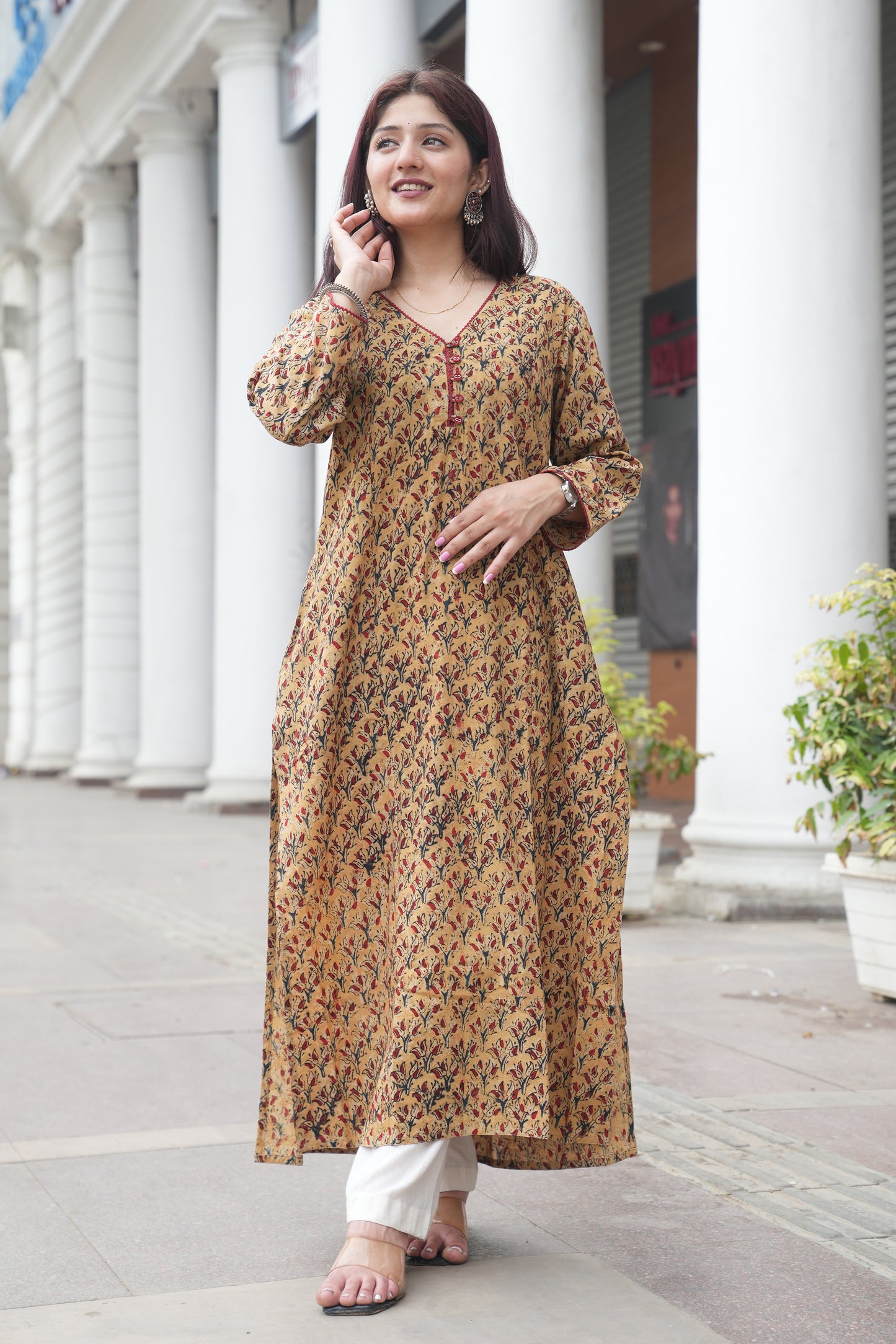 Mustard Floral Handprinted Kalamkari Kurta