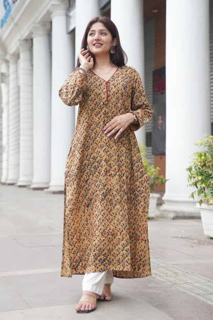 Mustard Floral Handprinted Kalamkari Kurta