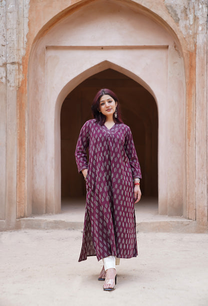 Wine Ikat Handwoven Cotton Kurta with Bell Sleeves