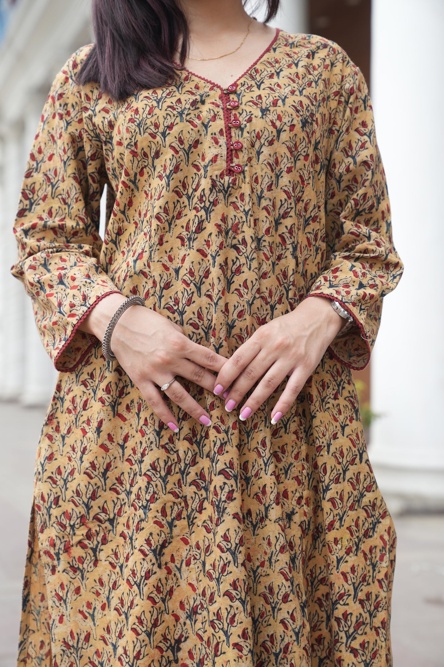 Mustard Floral Handprinted Kalamkari Kurta