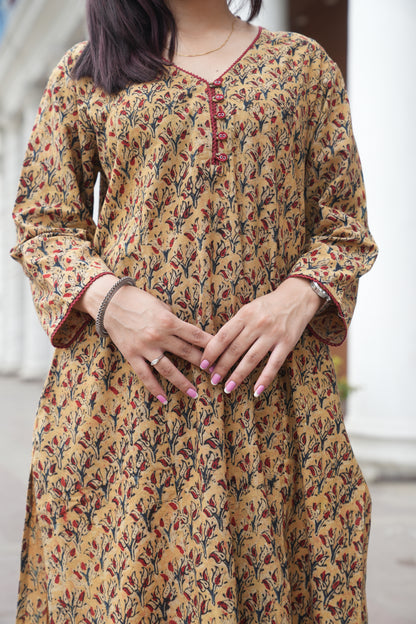 Mustard Floral Handprinted Kalamkari Kurta