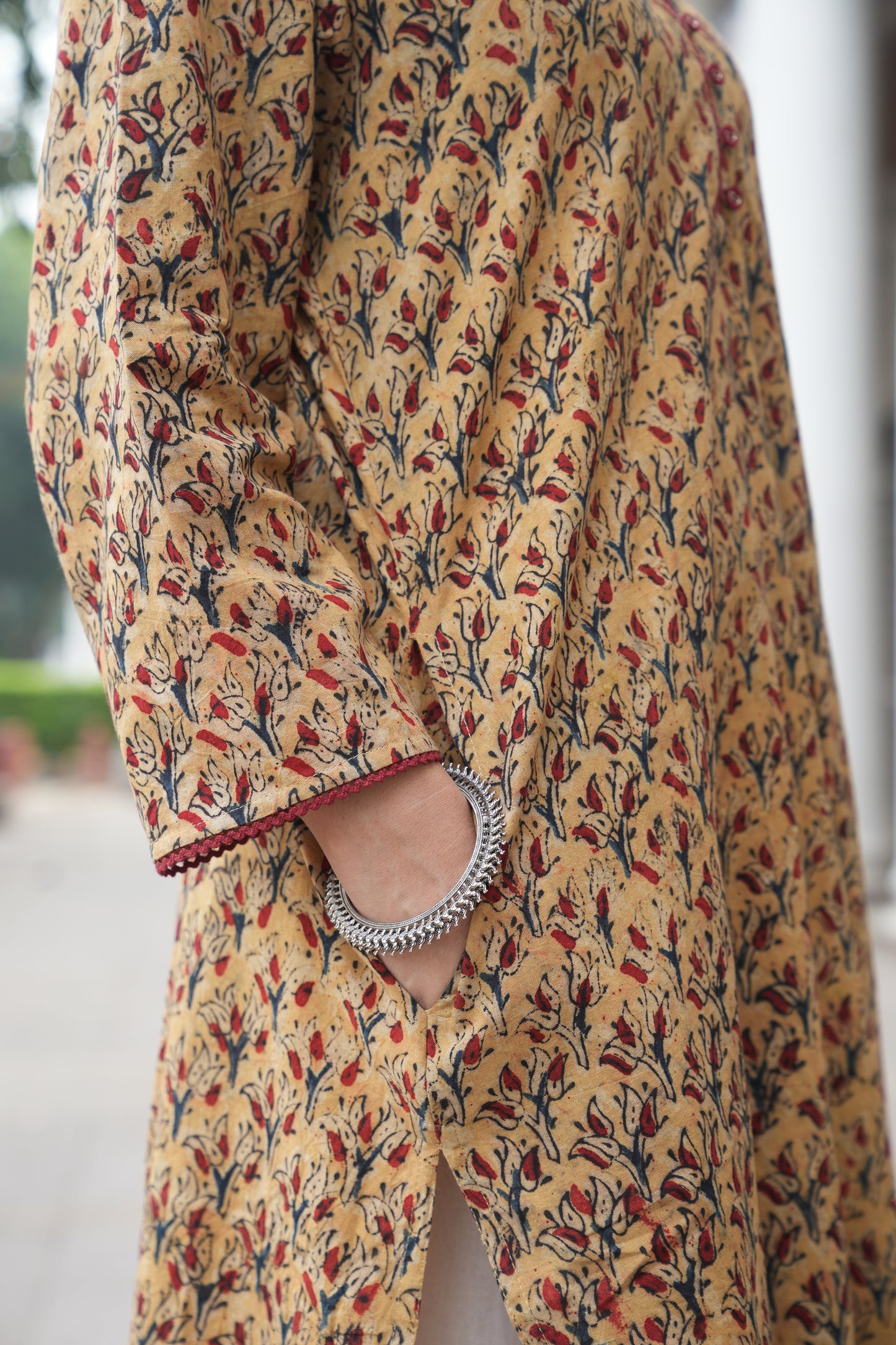 Mustard Floral Handprinted Kalamkari Kurta